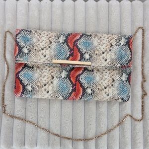 Snake-Print Clutch with Gold Chain - Multicolor